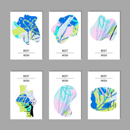 Set of 6 creative contemporary universal cards. Hand Drawn textures. Design for card, invitation,  poster, placard, brochure. Vector illustration.のイラスト素材