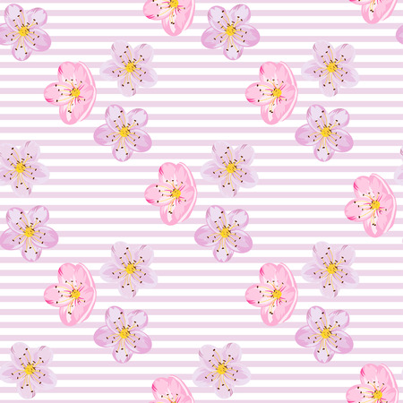 Seamless sakura blossom pattern on a stripe background. Japanise background. Vector illustration.のイラスト素材