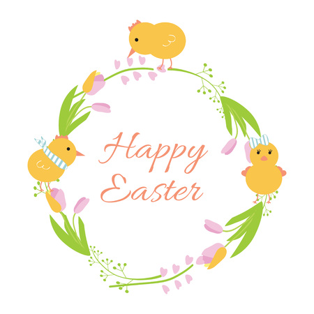 Easter wreath  with flowers and cute chicks. Vector illustration.のイラスト素材
