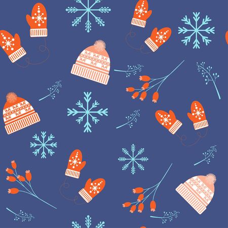 Christmas seamless pattern. Vector illustration. Hat and mittens pattern.
