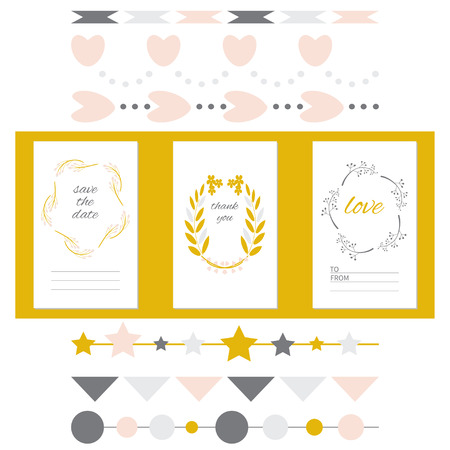 Set of vector design elements+ 3 card templates. Perfect for valentines day card and wedding invitation, save the date cards. Graphic set, hearts, laurel, wreaths, ribbons, labels.のイラスト素材