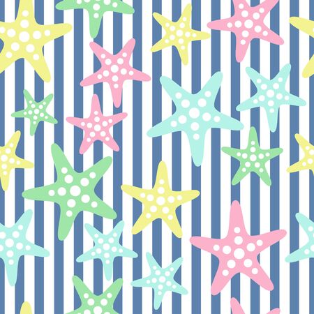 Seamless sea pattern with starfish and blue strtipes. Sea stars tile background. Perfect for wallpapers, web page backgrounds, surface textures, textile. Summer vector background.のイラスト素材