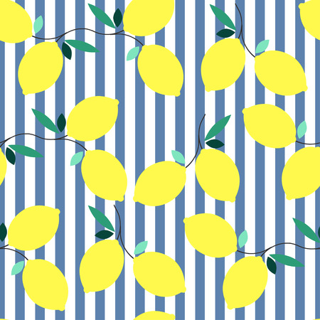 Summer seamless lemon pattern with blue stripes. Design element for wallpapers, baby shower invitation, birthday card, scrapbooking, fabric print etc. Vector illustration.のイラスト素材