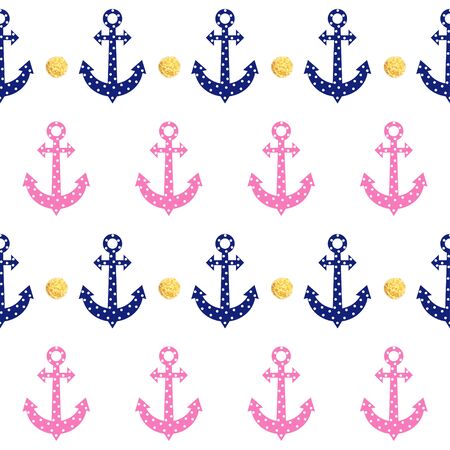 Stylish geometric seamless nautical pattern with anchors and gold glitter dots. Design element for wallpapers, baby shower invitation, birthday card, scrapbooking, fabric print etc. Vector illustration.のイラスト素材