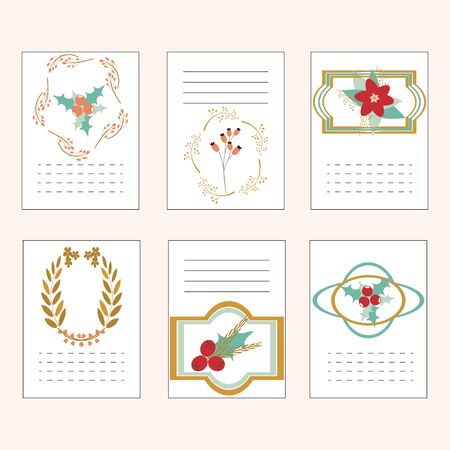 Set of hand drawn vector holiday cards. Vintage collection with template cards. Party printable cards. Can be used for invitations, flyers, wallpaper, background, congratulations, thank you cards, tags.のイラスト素材