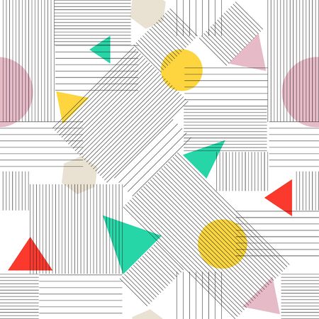 Abstract Seamless retro Pattern. Vector Texture with triangles, lines, circles. Hipster pattern.  Trendy pattern. Modern pattern. The era 80's - 90's years design style. Randomly geometric shapes. Vintage pattern for fabric.のイラスト素材