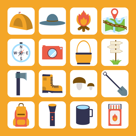 Set of camping and outdoor symbols and icons.  Colorful camping icons.のイラスト素材