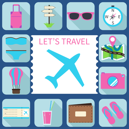 Summer and travel icons in modern, flat design style with long shadow effect in stylish colors.のイラスト素材