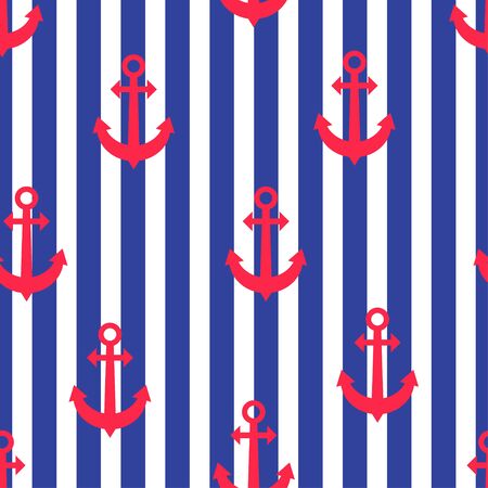 Stylish geometric seamless nautical pattern with anchors  and blue stripes. Design element for wallpapers, baby shower invitation, birthday card, scrapbooking, fabric print etc. Vector illustration.のイラスト素材