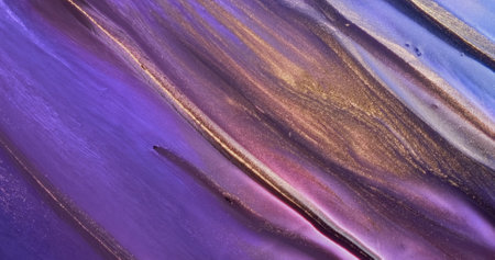 Gold violet ink abstract, closeup. Shiny art diagonal flowing purple fluid paints. Golden lilac flow glitter texture. Watercolor liquid background. Violet vertical backdropの写真素材