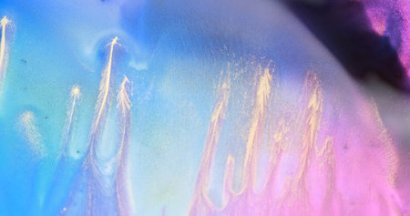 Blue, pink, gold gentle abstract background. Current colorful paints. Flow bright texture. Pastel soft colors. Delicate fluid art. Golden glitter paint pattern. Sweet lilac light backdrop. Acrylicの写真素材