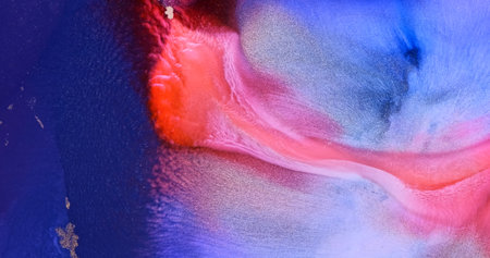 Blue red paint splash abstract background. Neon blue-red splashing, flowing bright ink. Shiny silver liquid pattern texture. Red dye spread, flow on purple backdrop. Fluid art. Vertical artworkの写真素材