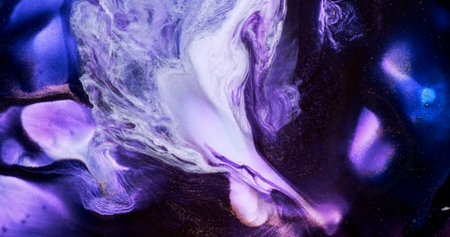 Close-up lilac black white ink splash abstract background. Dark violet blue paint. Dark purple liquid digital flow. Shiny liquid. Blue art flowing. Fluid backdrop. Acrylic pattern textureの写真素材