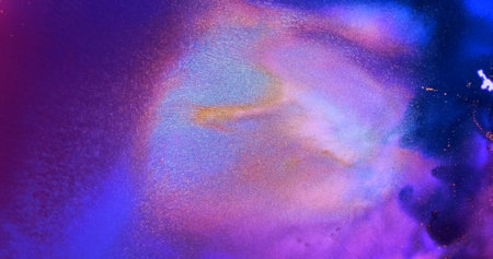 Shiny neon magenta purple paint abstract background. Shining particles in bright blue pink fluid ink. Vivid lilac color liquid texture. Bright fuchsia shimmering flowing pattern. Watercolor wallpaperの写真素材
