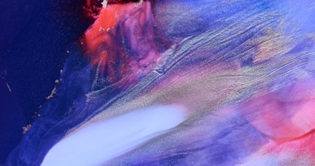 Silver splash on blue-red paint abstract background. Shiny silver flowing wave splashing in purple pink backdrop. Shiny silver liquid texture. Fluid art. Acrylic move liquid artworkの写真素材