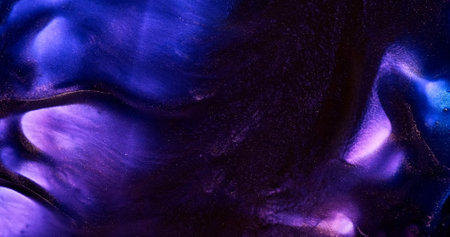 Dark purple paint splash abstract background. Dark violet blue wave flow. Black lilac art ink. Shiny purple liquid. Acrylic texture. Glitter fluid pattern. Sparkling backdropの写真素材