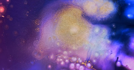 Bright lilac gold fluid abstract backdrop. Neon pink purple paint flow. Shiny gold particles in blue. Bright color art. Liquid backdrop. Watercolor move pattern texture. Colorful artworkの写真素材