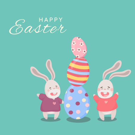 Two cartoon easter bunnies happily playing near easter eggs. Bright easter card in cartoon style Happy easter card with bunnies and eggs vector illustrations on a pastel turquoise backgroundのイラスト素材