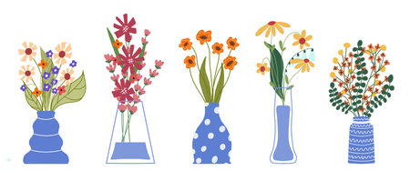 Set of bright spring blooming flowers in vases and bottles isolated on a white background. A bunch of bouquets. Set of decorative floral design elements. Cartoon flat vector illustration.のイラスト素材
