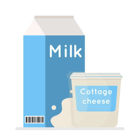 Milk and cottage cheese in packaging vector illustration. Farm fresh product.のイラスト素材