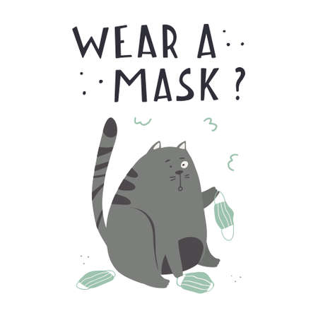 Surprised cat color flat hand drawn vector character. Quote I wear a mask of handwritten letters. Cute naughty cat holding a medical mask in its paws clipart.のイラスト素材