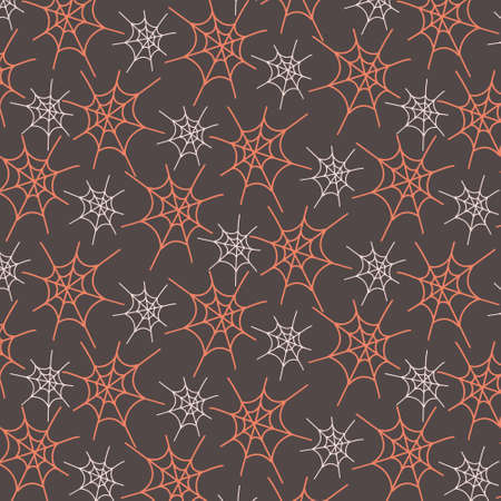 Halloween spider seamless pattern.Orange and white spider web on brown backgroundのイラスト素材