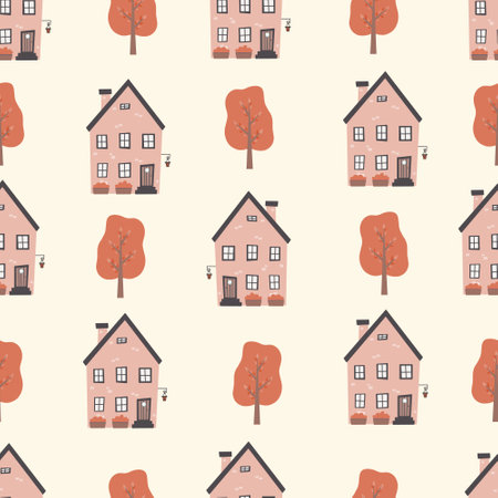 Childish seamless pattern with houses, trees.Creative childish texture for fabric, wrapping, textile, wallpaper, apparel.のイラスト素材