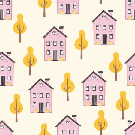 Childish seamless pattern with houses, trees.Creative childish texture for fabric, wrapping, textile, wallpaper, apparel.のイラスト素材