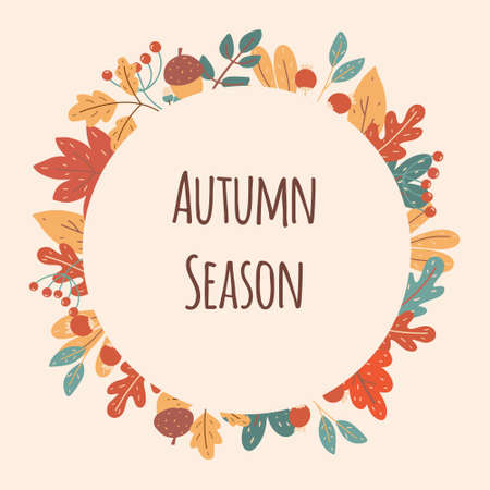 Autumn seasonal frame of leaves and berries. Template for banner ads, letters, notepad.のイラスト素材