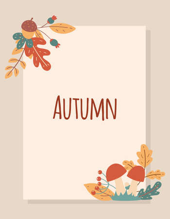 Autumn seasonal frame of leaves and berries. Template for banner ads, letters, notepad.のイラスト素材