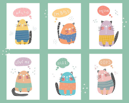 Cute collection of an cats with lettering Childish print for nursery Ideal for baby posters cards clothes Vector cartoon illustration in pastel colorsのイラスト素材
