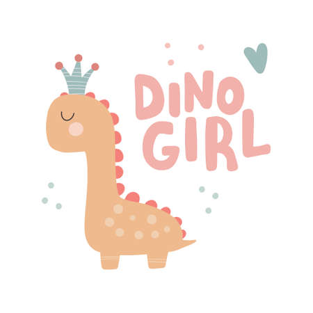 Dino baby princess with cute lettering. Simple nursery art for baby girl cute print. Vector illustrationのイラスト素材