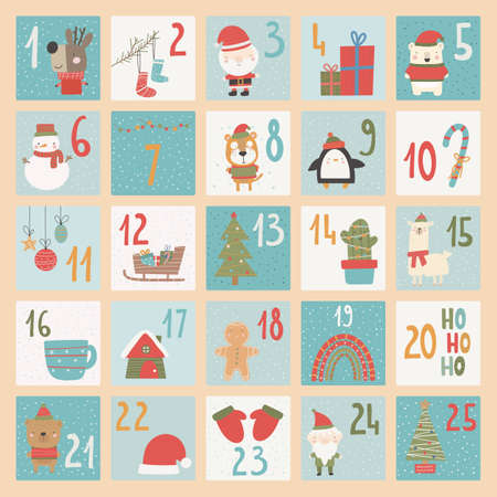 Advent calendar. Christmas poster. Xmas numbers. Joy funny lettering geometric forms festive concept calendar numbers recent vector templates for celebration placards.のイラスト素材