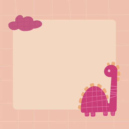 Cute dinosaur with a blot frame in simple cartoon hand-drawn style. Template for your text or photo. Ideal for cards, invitations, party, kindergarten, preschool and childrenのイラスト素材