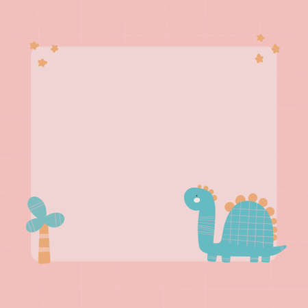 Cute dinosaur with a blot frame in simple cartoon hand-drawn style. Template for your text or photo. Ideal for cards, invitations, party, kindergarten, preschool and childrenのイラスト素材