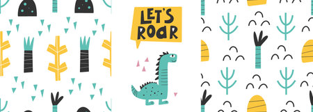 Cute dinosaur with patterns - hand drawn childish abstract seamless print design Digital paper Vector illustrationのイラスト素材