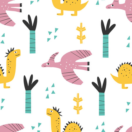 Cute dinosaur pattern - hand drawn childish dinosaur seamless print design Digital paper Vector illustrationのイラスト素材