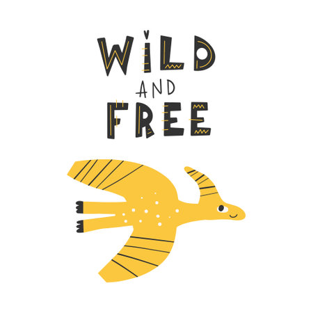 Dinosaur with slogan graphic - wild adn free, funny dino cartoons. Vector funny lettering quote with dino icon, scandinavian hand drawn illustration for greeting card, t shirt, print, stickers, posters design.のイラスト素材