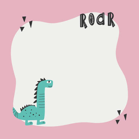 Cute dinosaur with a blot frame in simple cartoon hand-drawn style. Template for your text or photo. Ideal for cards, invitations, party, kindergarten, preschool and childrenのイラスト素材