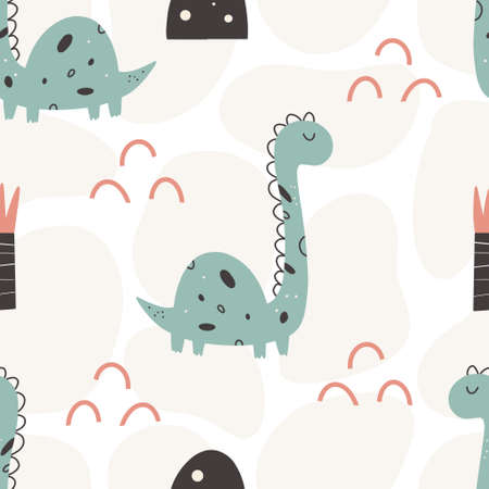 Cute dinosaur pattern - hand drawn childish dinosaur seamless pattern designのイラスト素材