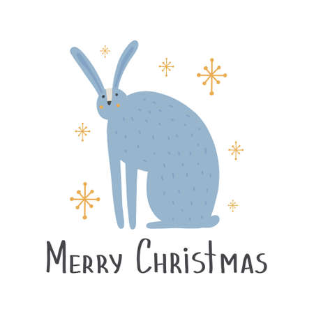 Cute animal hare in scandinavian style with lettering - merry chrastmas. Cartoon animal.のイラスト素材