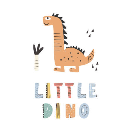 Cute dinosaur with slogan graphic - little dino, funny dino cartoons. Vector funny lettering quote with dino icon, scandinavian hand drawn illustration for print, stickers, posters design.のイラスト素材