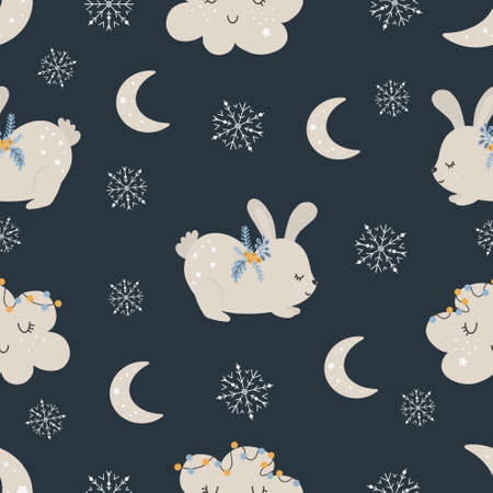 Christmas pattern with rabbit scandinavian hand drawn seamless pattern. New Year, Christmas, holidays texture with fir tree for print, paper, design, fabric, background. Vector illusstrationのイラスト素材