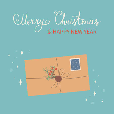 Christmas and Happy New Year envelope with, stamps and Christmas tree branch, tied with a rope. Vector design template.のイラスト素材
