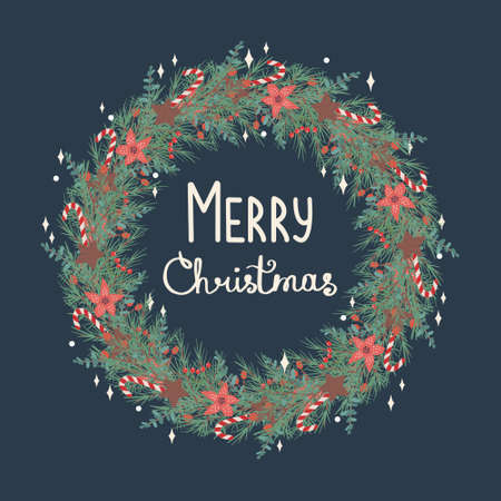 Christmas and Happy New Year illustration with Christmas wreath. Green spruce twigs, poinsettia and red berries. Vector illustration. Nature design greeting card template. Winter vacation.のイラスト素材