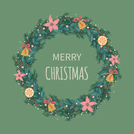 Christmas and Happy New Year illustration with Christmas wreath. Green spruce twigs, poinsettia and red berries. Vector illustration. Nature design greeting card template. Winter vacation.のイラスト素材
