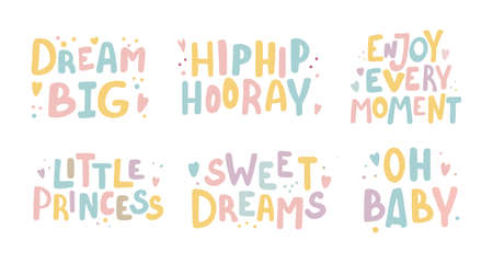 Cute slogans collection colorful set full color. Design elements Cute letterng hand drawn styleのイラスト素材