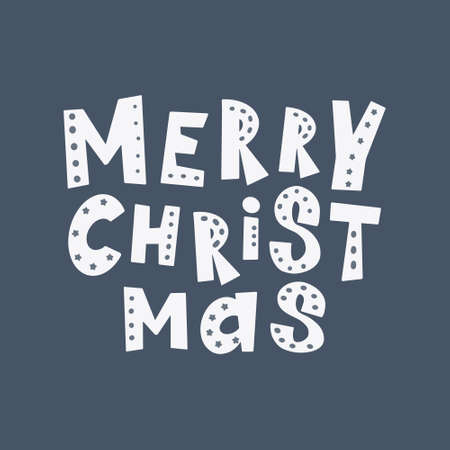 Merry christmas hand drawn lettering isolated on blue background. Vector holiday illustration element.のイラスト素材