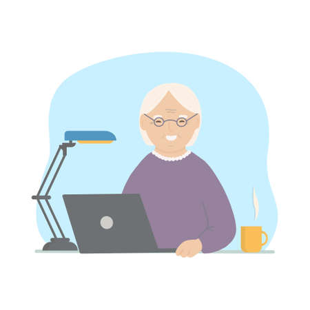 Happy grandma with laptop. Vector hand drawn illustration.のイラスト素材