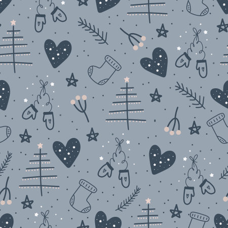 Christmas and Happy New Year seamless pattern with mittens, fir branches and berries, Christmas trees. Vector design template. Digital paper.のイラスト素材